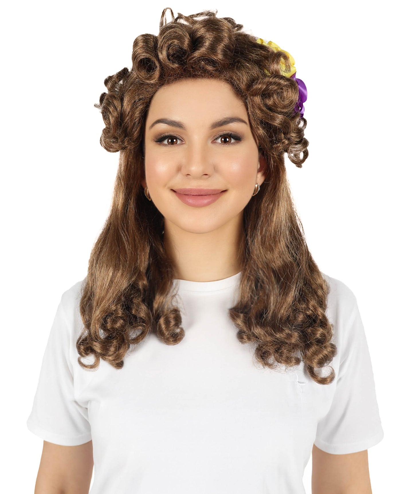 HPO Women's Popular series The Regency Romance Shoulder length Curly Brown Wig | Halloween Wig | Flame-retardant Synthetic Fiber
