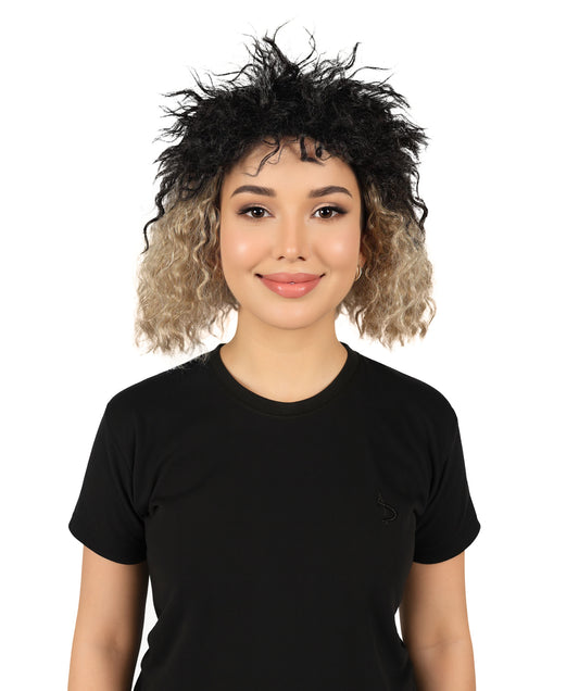Women's Black and Blonde color Curly Short fluffy Wig | Halloween and Cosplay Wig | Flame-retardant Synthetic Fiber
