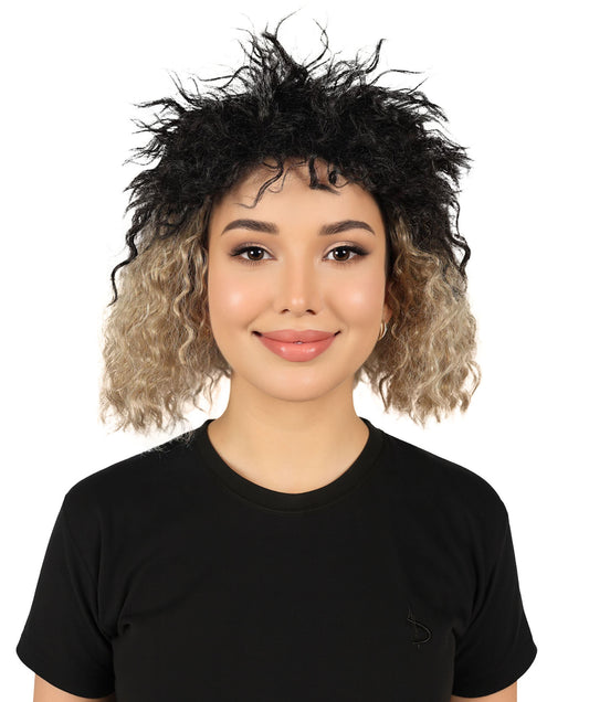 Women's Black and Blonde color Curly Short fluffy Wig | Halloween and Cosplay Wig | Flame-retardant Synthetic Fiber