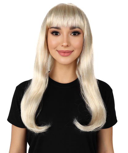 HPO Women's Mysterious Straight Blonde Wig Long with Fringe and Skin Parting| Halloween and Party Wig | Flame-retardant Synthetic Fiber