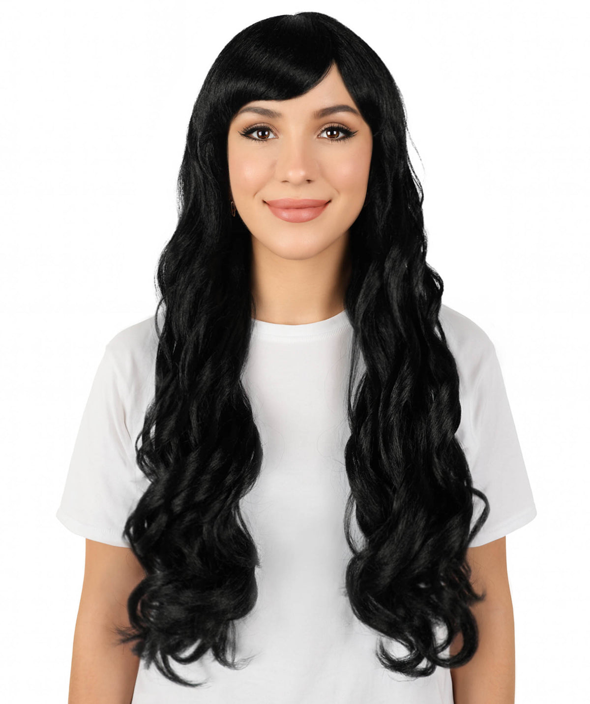 HPO Women's Red Long Wavy Desire Wig with Front Bangs | Halloween and Party Wig | Flame-retardant Synthetic Fiber  |  Premium Breathable Capless Cap