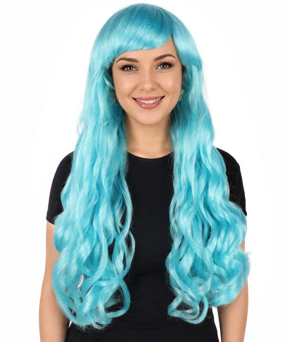 HPO Women's Red Long Wavy Desire Wig with Front Bangs | Halloween and Party Wig | Flame-retardant Synthetic Fiber  |  Premium Breathable Capless Cap