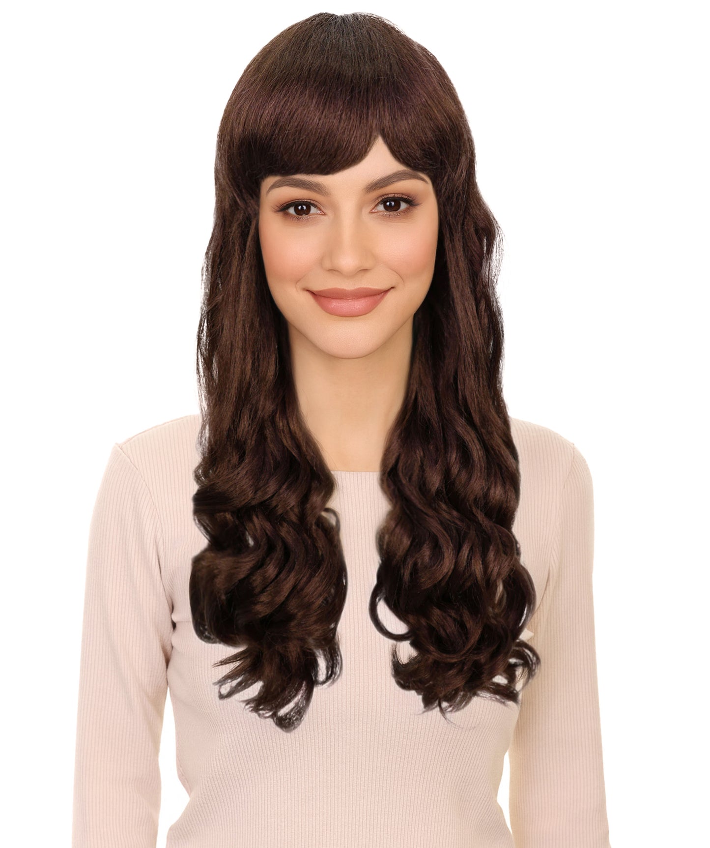 HPO Women's Red Long Wavy Desire Wig with Front Bangs | Halloween and Party Wig | Flame-retardant Synthetic Fiber  |  Premium Breathable Capless Cap