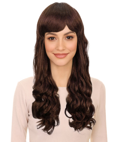 HPO Women's Red Long Wavy Desire Wig with Front Bangs | Halloween and Party Wig | Flame-retardant Synthetic Fiber  |  Premium Breathable Capless Cap