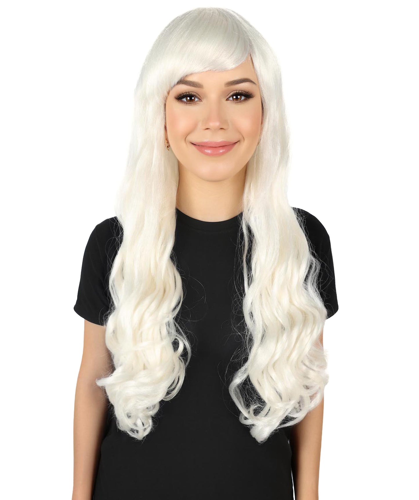 HPO Women's Red Long Wavy Desire Wig with Front Bangs | Halloween and Party Wig | Flame-retardant Synthetic Fiber  |  Premium Breathable Capless Cap