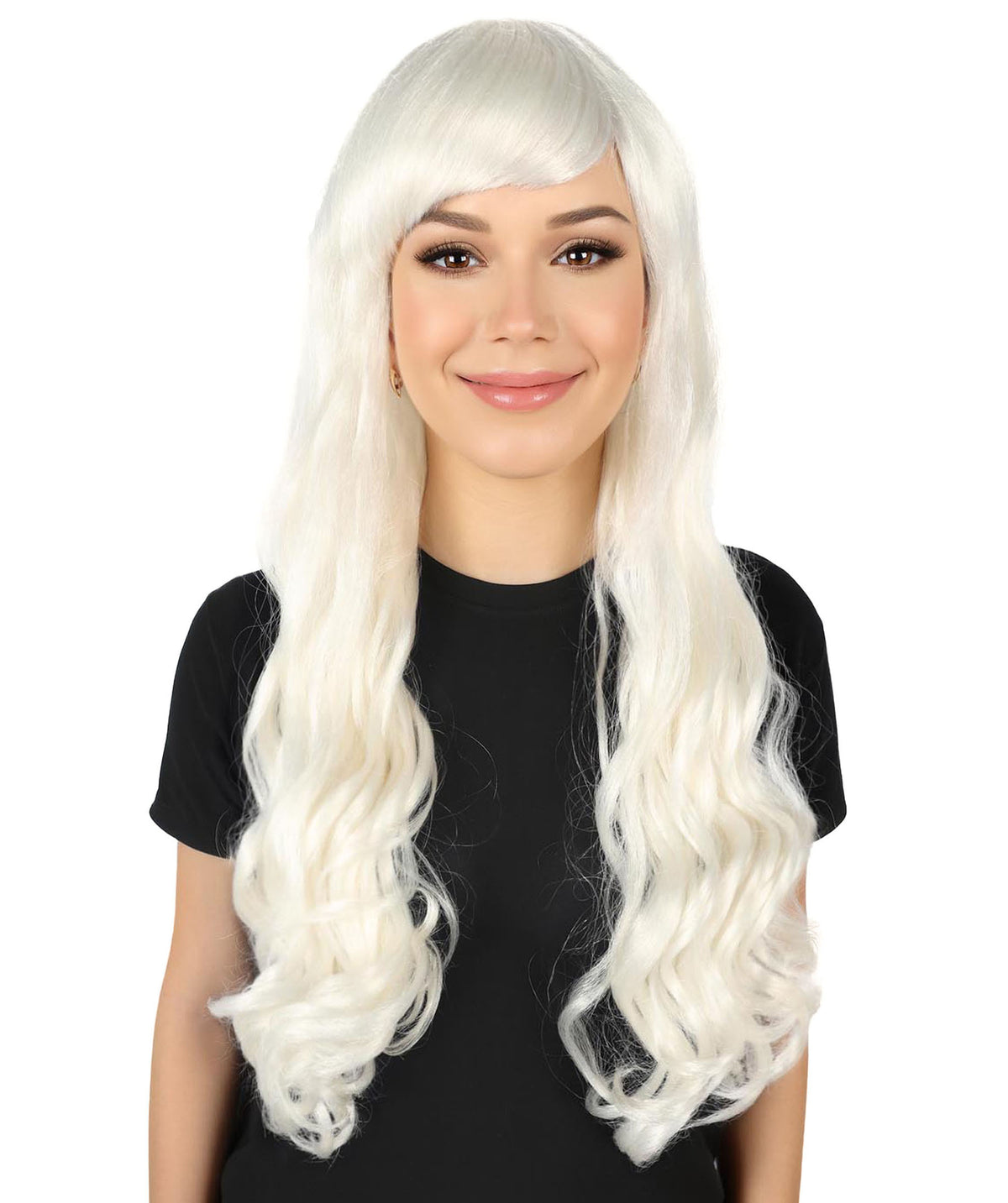 HPO Women's Red Long Wavy Desire Wig with Front Bangs | Halloween and Party Wig | Flame-retardant Synthetic Fiber  |  Premium Breathable Capless Cap