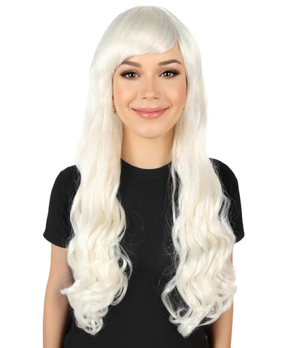 HPO Women's Red Long Wavy Desire Wig with Front Bangs | Halloween and Party Wig | Flame-retardant Synthetic Fiber  |  Premium Breathable Capless Cap
