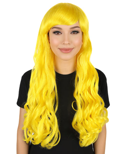 HPO Women's Red Long Wavy Desire Wig with Front Bangs | Halloween and Party Wig | Flame-retardant Synthetic Fiber  |  Premium Breathable Capless Cap