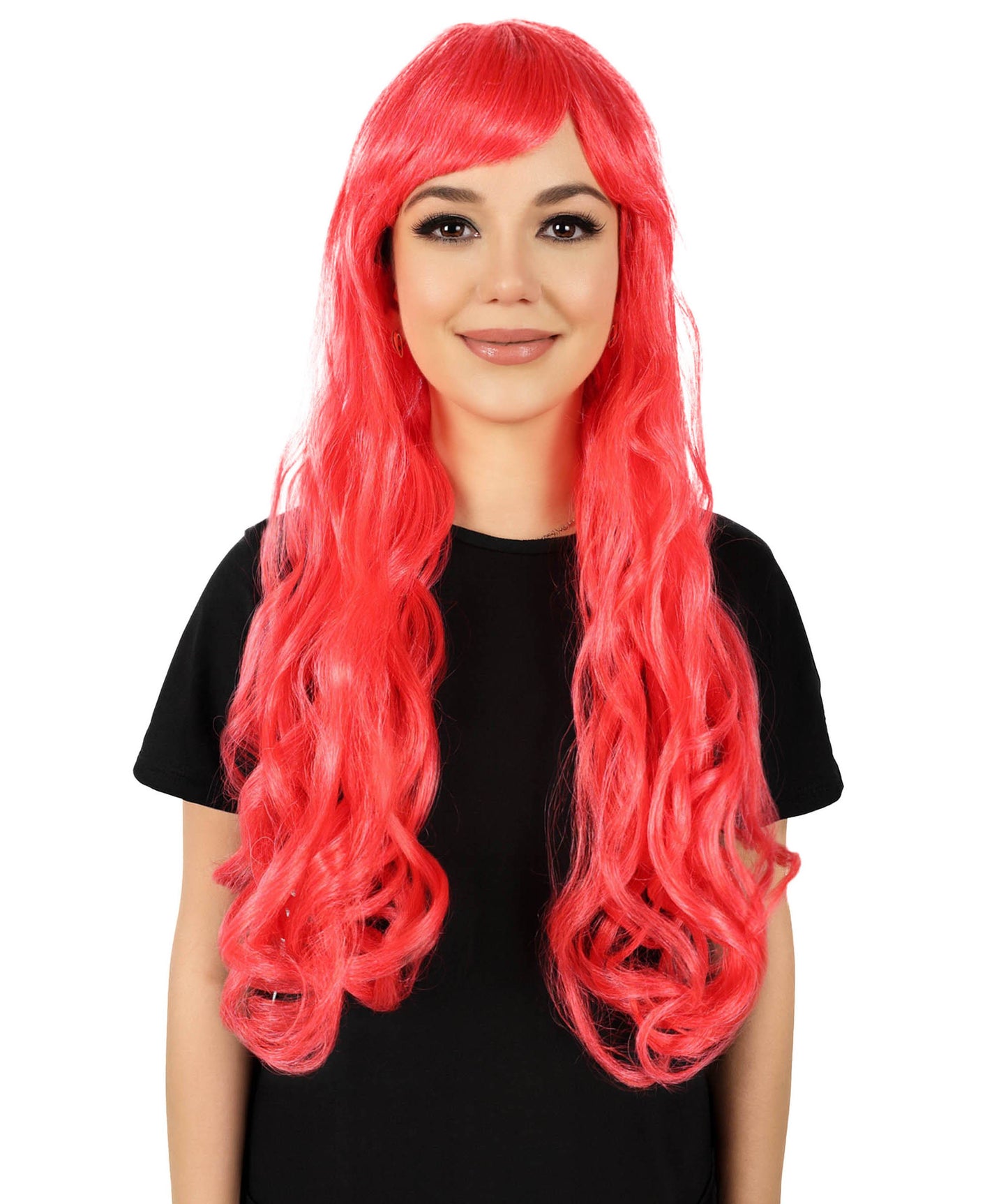 HPO Women's Red Long Wavy Desire Wig with Front Bangs | Halloween and Party Wig | Flame-retardant Synthetic Fiber  |  Premium Breathable Capless Cap