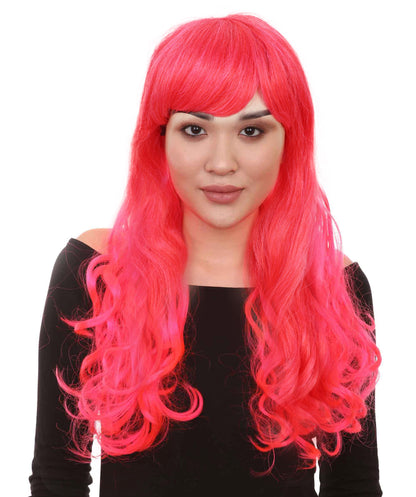 HPO Women's Red Long Wavy Desire Wig with Front Bangs | Halloween and Party Wig | Flame-retardant Synthetic Fiber  |  Premium Breathable Capless Cap