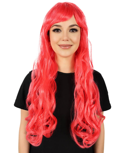 HPO Women's Red Long Wavy Desire Wig with Front Bangs | Halloween and Party Wig | Flame-retardant Synthetic Fiber  |  Premium Breathable Capless Cap