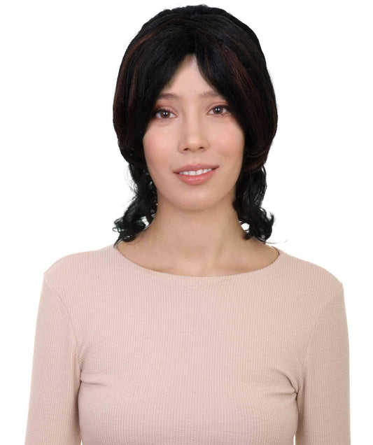 HPO Women's Movie Character Shoulder Length Wavy Black and Brown Wig | Halloween and Cosplay Wigs | Flame-retardant Synthetic Fiber|Premium Breathable Capless Cap |