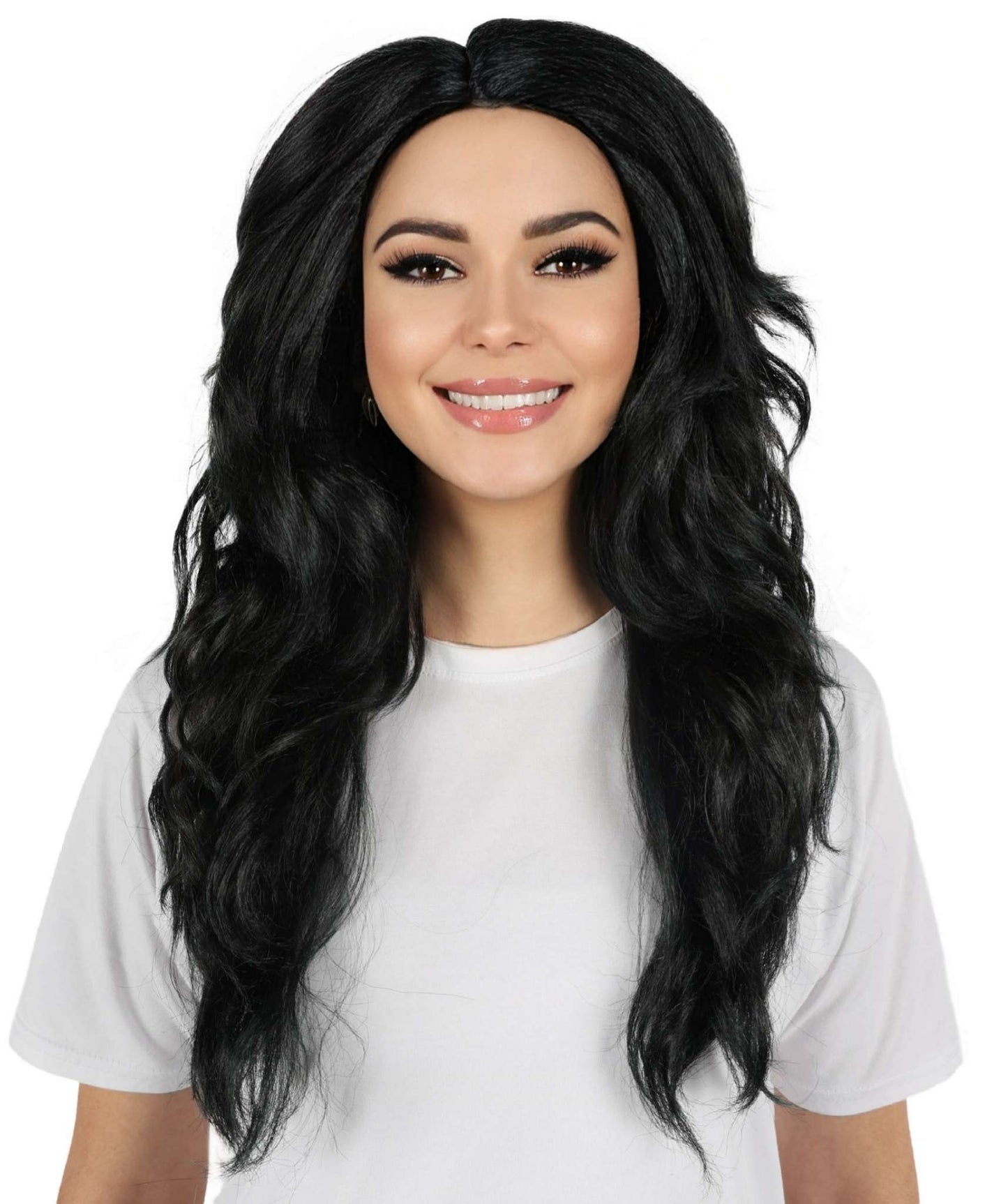 HPO  Women's Vintage-Inspired Quirky Chic Wavy Black Wig for Delores, Spooky Spectacle Edition  | Halloween and Party Event Wig | Flame-retardant Synthetic Fiber