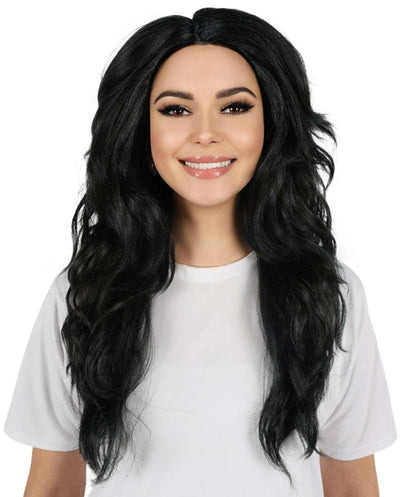 HPO  Women's Vintage-Inspired Quirky Chic Wavy Black Wig for Delores, Spooky Spectacle Edition  | Halloween and Party Event Wig | Flame-retardant Synthetic Fiber