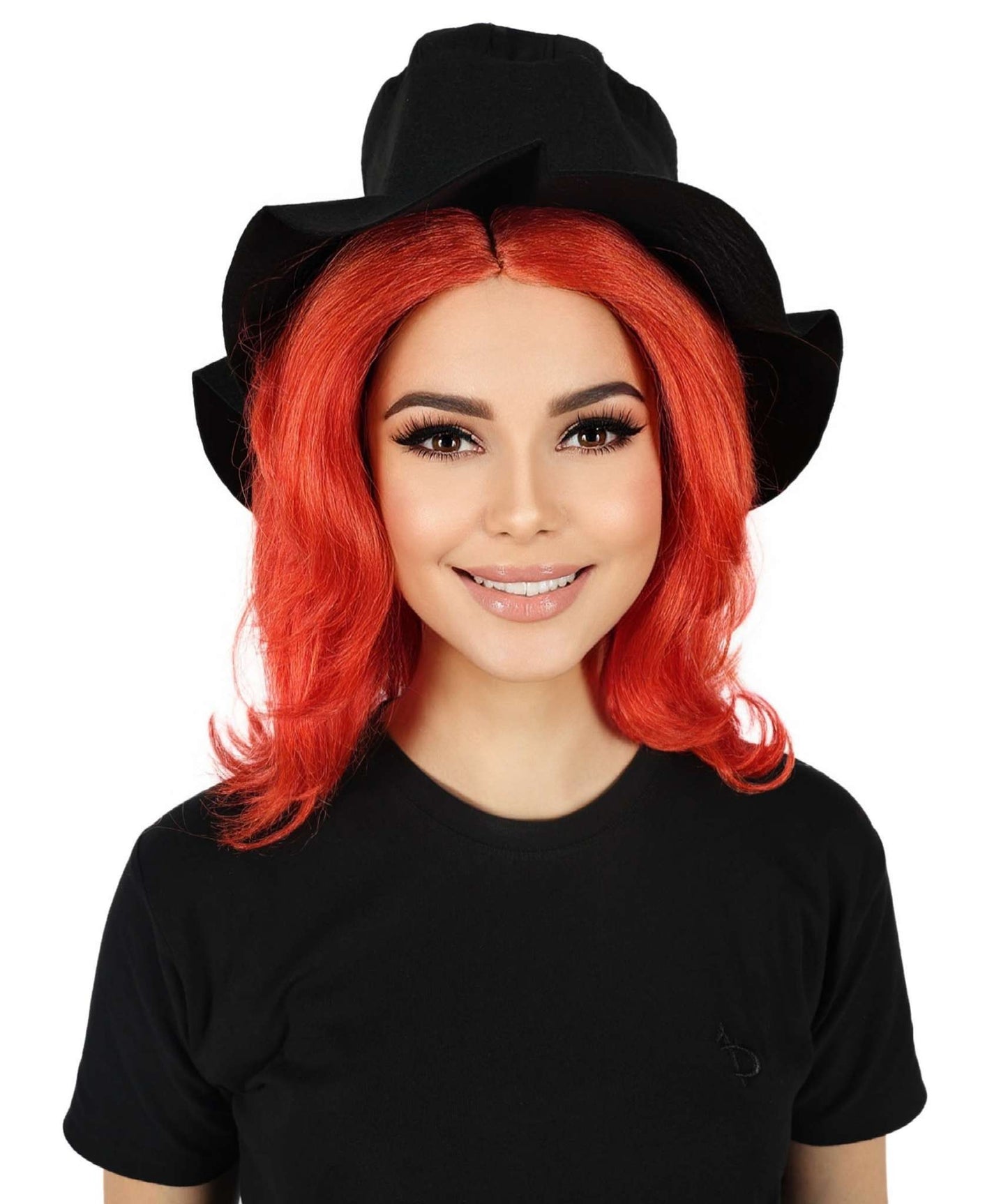 HPO Women's Elegant Gothic Orange Wig and Black Hat–Dark Chic Hairpiece Inspired by Modern Quirk, Premium Breathable Capless Cap