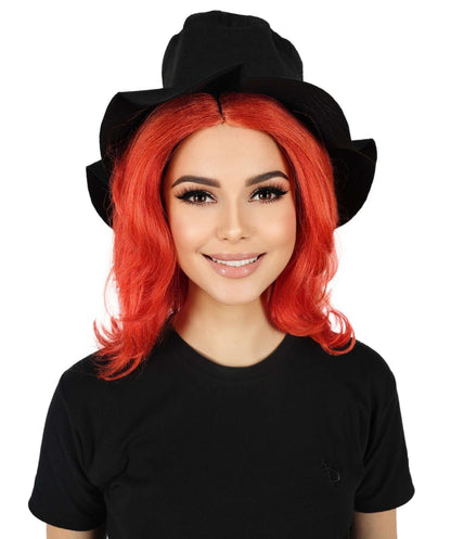 HPO Women's Elegant Gothic Orange Wig and Black Hat–Dark Chic Hairpiece Inspired by Modern Quirk, Premium Breathable Capless Cap