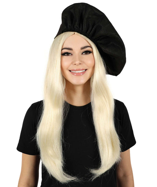 HPO Women's Chic Pop Icon Blonde Wig with Black Hat Sleek Style Elegant Layers and Bold Modern Flair Premium Breathable Capless Cap