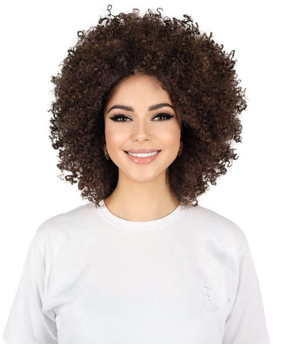 HPO Women's Bold 90s Pop Star Wig Fiery Brown Curls with Edgy Style and Retro 90s Flair Premium Breathable Capless Cap