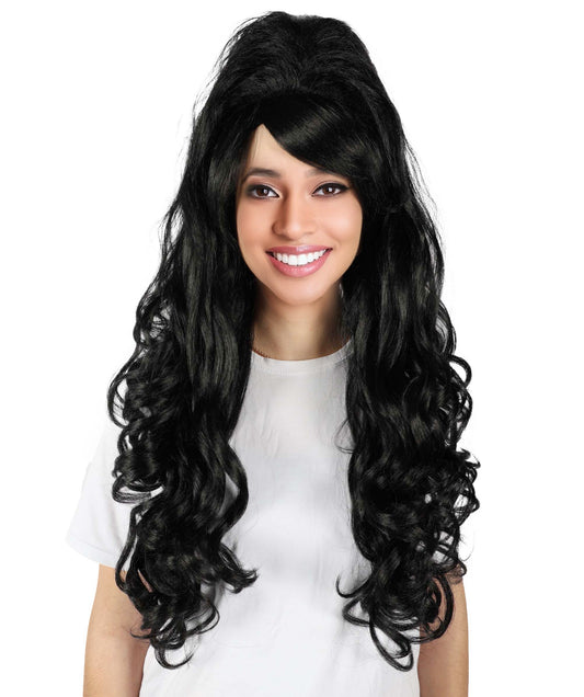 HPO Adult Women's 60s-Inspired Vintage Glam Long Wavy Black Beehive Wig | Halloween and Black Color Head Wig | Flame-retardant Synthetic Fiber