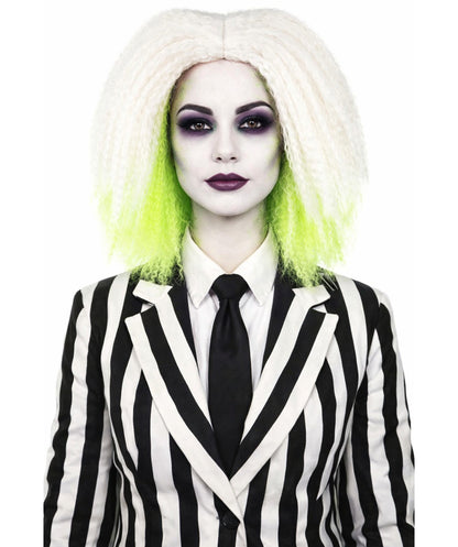 HPO Women’s Gothic Ghost-Inspired White and Neon Green Crimped Wig with Volume and Texture | Synthetic Hairpiece for Halloween, Cosplay & Themed Parties |Flame-retardant Synthetic Fiber