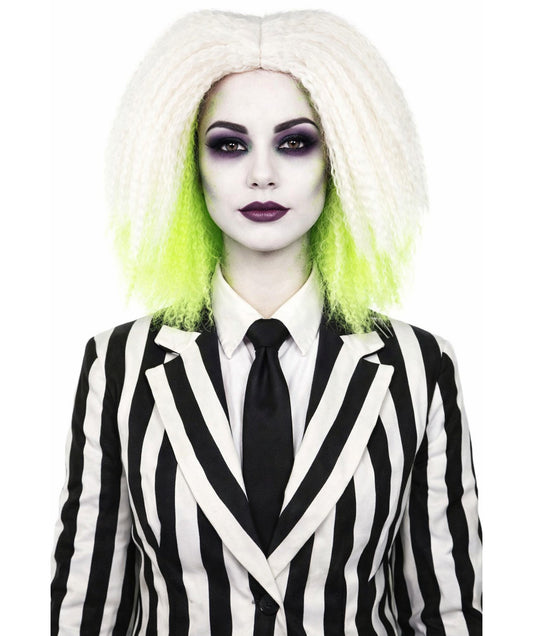 HPO Women’s Gothic Ghost-Inspired White and Neon Green Crimped Wig with Volume and Texture | Synthetic Hairpiece for Halloween, Cosplay & Themed Parties |Flame-retardant Synthetic Fiber