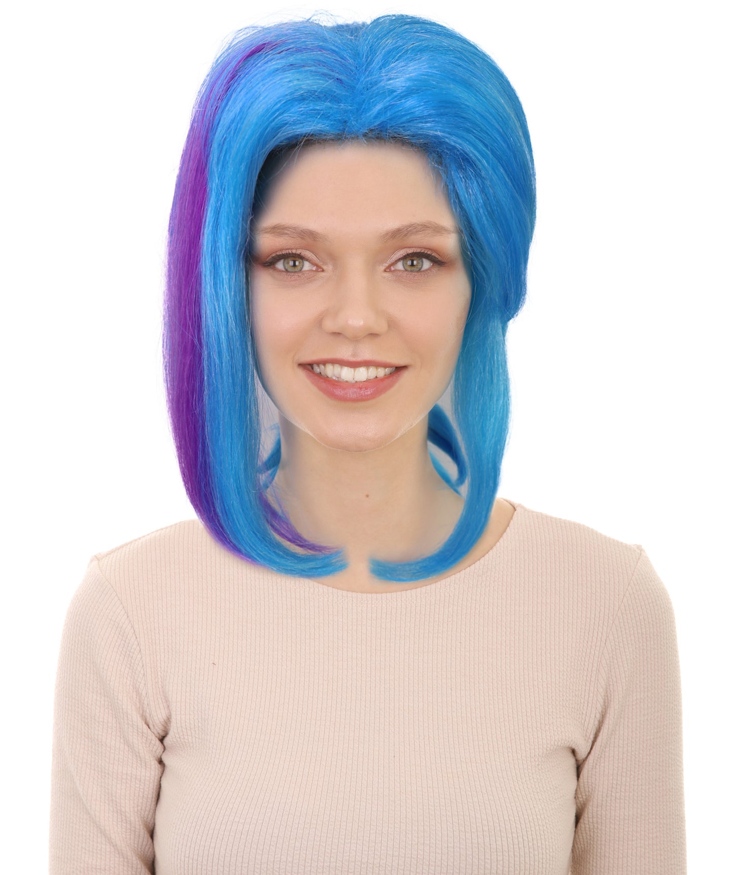 HPO Women’s Medium Ponytail Style Blue Wig with Purple Streaks | Halloween and Wig | Flame-retardant Synthetic Fiber