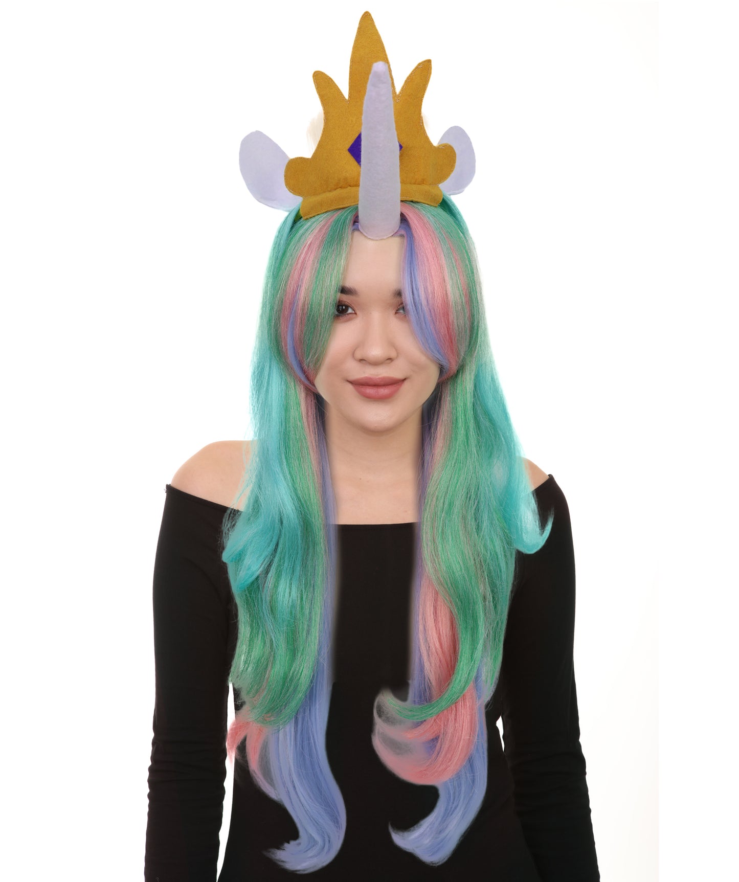 HPO Women’s Fantasy Unicorn-Inspired Long Pastel Rainbow Princess Wig with Horn and Crown | Halloween Wig | Flame-retardant Synthetic Fiber