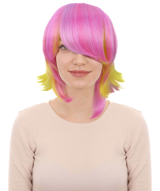 HPO Adult Women’s Pastel Pink and Yellow Gradient Short Layered Bob Cut Wig | Flame-retardant Synthetic Fiber | Flipped Ends Wig for Halloween and Cosplay