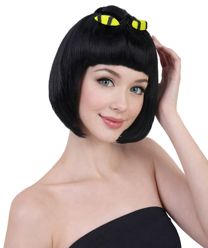 HPO Adult Women's Short Black Straight Anime Wig | Game-Inspired Character Wig with Crown & Blunt Bangs | Ideal Synthetic Hair for Cosplay, Costume & Conventions