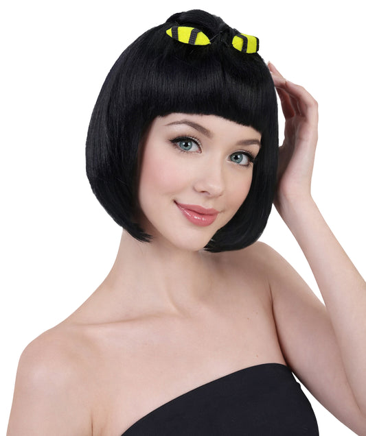 HPO Adult Women's Short Black Straight Anime Wig | Game-Inspired Character Wig with Crown & Blunt Bangs | Ideal Synthetic Hair for Cosplay, Costume & Conventions