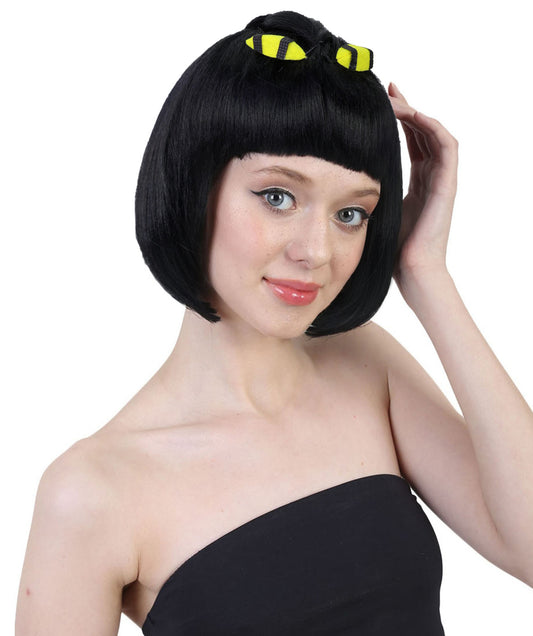 HPO Adult Women's Short Black Straight Anime Wig | Game-Inspired Character Wig with Crown & Blunt Bangs | Ideal Synthetic Hair for Cosplay, Costume & Conventions