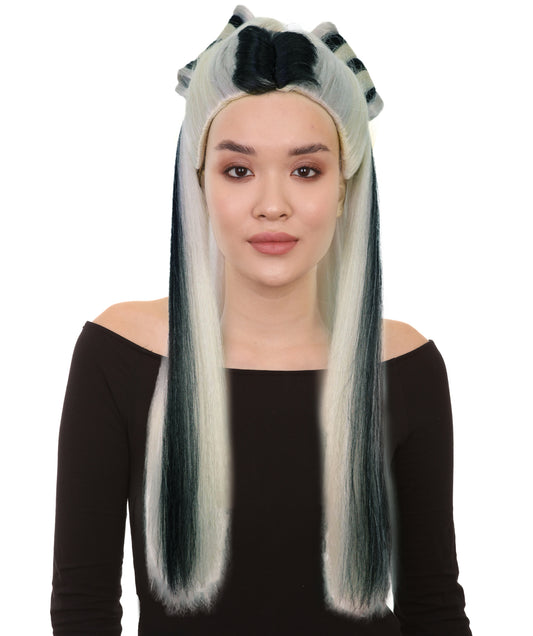 HPO Women’s Long Platinum High Ponytail Black & Blonde Wig | Celebrity Fantasy Style | Ideal for Halloween & Costume Parties