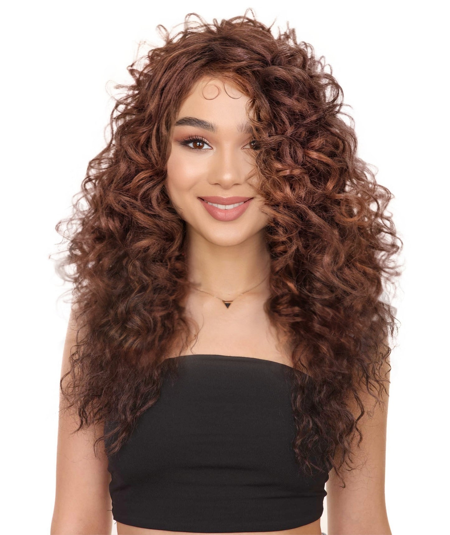 HPO Women’s Mariah 23-inch Long Voulomous Long Mahogany Brown Curly Wig | Halloween and Cosplay Wig | Flame-retardant Synthetic Fiber