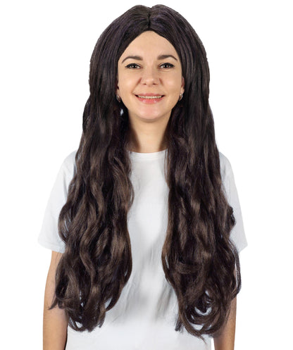 HPO Women’s Alanis Celebrity-Inspired 23-Inch Long Dark Brown Wavy Wig | Halloween and Cosplay Wig | Flame-retardant Synthetic Fiber