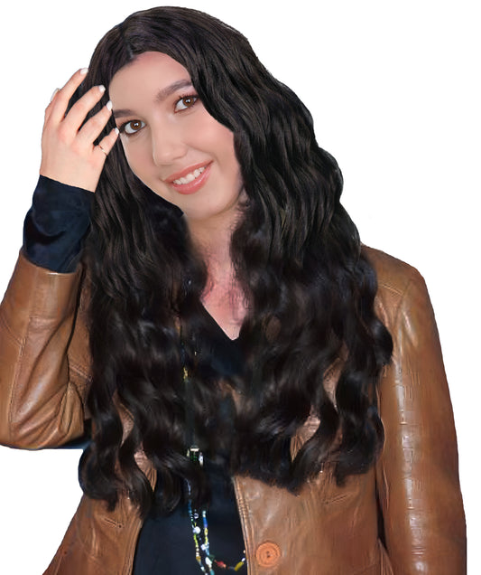 HPO Women’s Alanis Celebrity-Inspired 23-Inch Long Dark Brown Wavy Wig | Halloween and Cosplay Wig | Flame-retardant Synthetic Fiber
