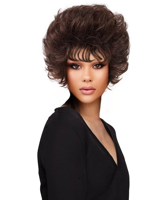 HPO Adult Women's Glam Short Curly Wig | Natural Dark Brown Mix Color | Voluminous Retro Style | Ideal for Stage, Halloween Party & Cosplay