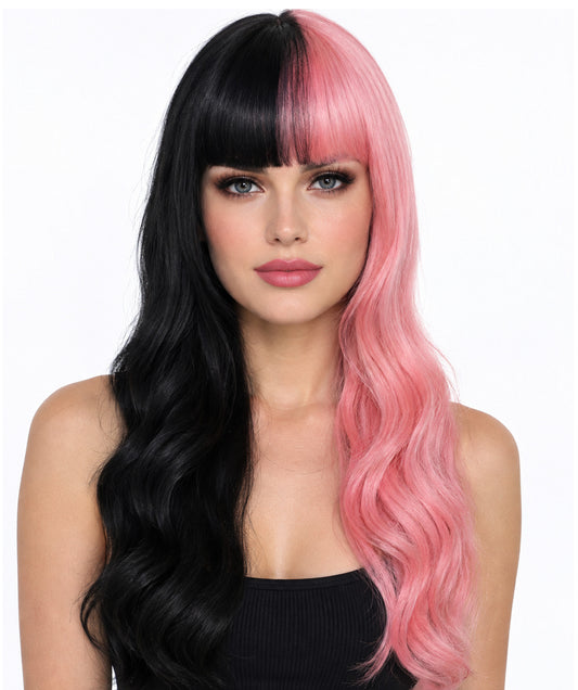 HPO Women's Black and Pink Wavy Gothic Wig  | Halloween and Cosplay Wig | Flame-retardant Synthetic Fiber
