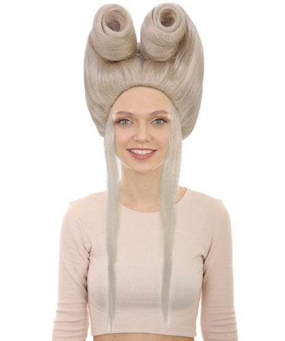 HPO Adult Women’s Platinum Blonde Fantasy Wig with Structured Bouffant & Long Straight Tails | Lightweight Flame-Retardant Synthetic Wig for Costume Events