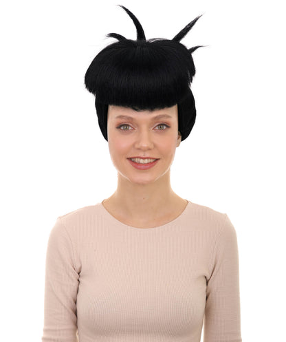 HPO Adult Women’s Sculpted Spiked Bun Wig with Blunt Bangs | Halloween Wig | Flame-Retardant Synthetic Hair with Breathable Capless Design