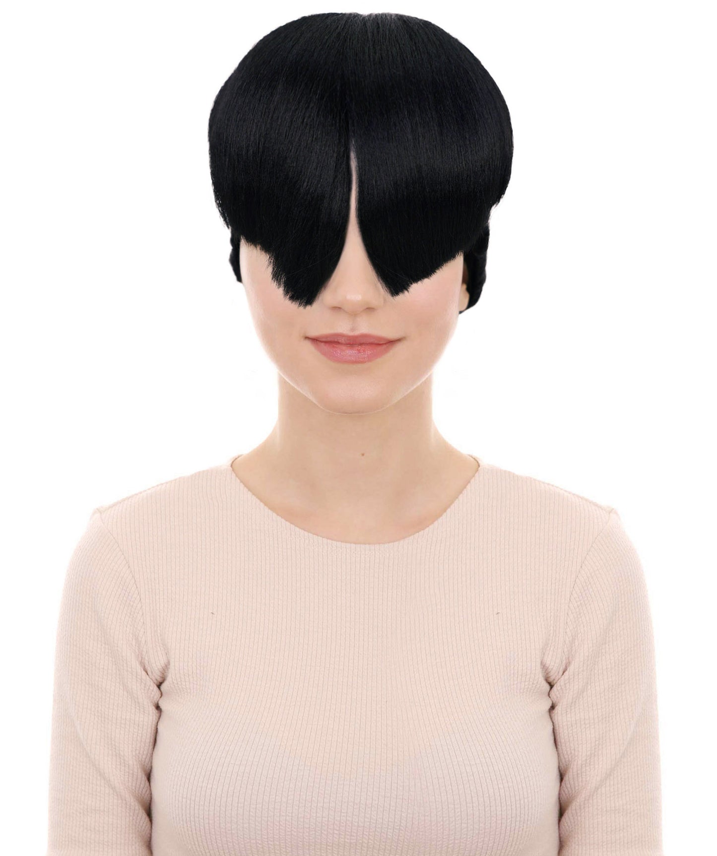 HPO Adult Women’s Sculpted Visor Bangs Wig with Sleek High Bun | Halloween Wig | Flame-Retardant Synthetic Fiber | Breathable Capless Cap Design