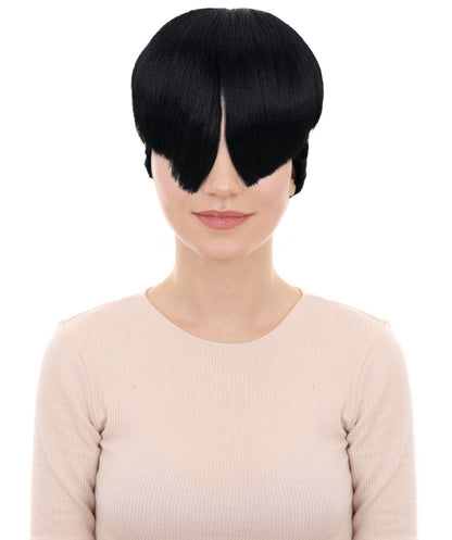 HPO Adult Women’s Sculpted Visor Bangs Wig with Sleek High Bun | Halloween Wig | Flame-Retardant Synthetic Fiber | Breathable Capless Cap Design