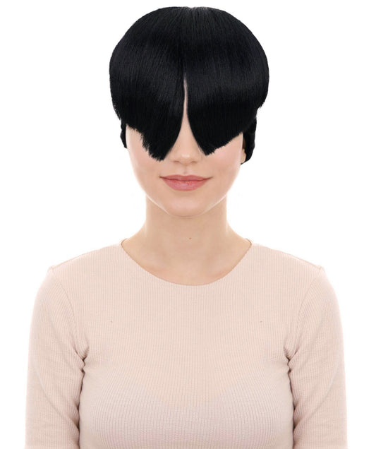 HPO Adult Women’s Sculpted Visor Bangs Wig with Sleek High Bun | Halloween Wig | Flame-Retardant Synthetic Fiber | Breathable Capless Cap Design