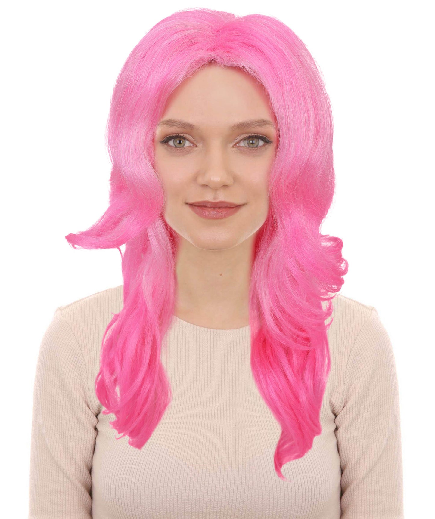 Adult Women’s Vibrant Pink Curly Long Wig | Silk Center-Part Hair Piece for Glam Looks | Flame-Retardant Synthetic Fiber | Ideal for Halloween and themed party