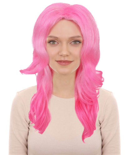 Adult Women’s Vibrant Pink Curly Long Wig | Silk Center-Part Hair Piece for Glam Looks | Flame-Retardant Synthetic Fiber | Ideal for Halloween and themed party