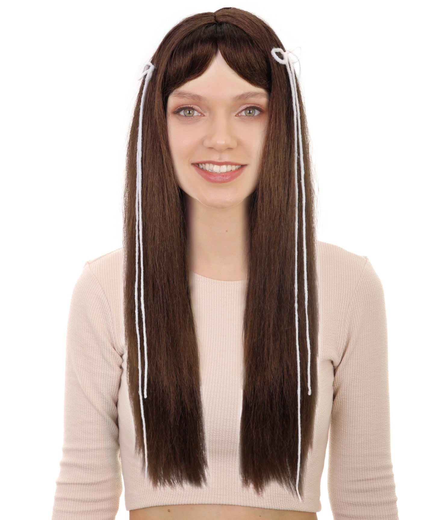 HPO Adult Women’s Elegant Long Brown Wig with Highlights and Curtain Bangs | Natural Straight Style | Ideal for Halloween | Breathable Capless Cap