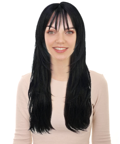 HPO Adult Womens Sleek Black Wig with Layered Cut & Wispy Bangs | Celebrity Inspired Long Hair Look | Ideal for Halloween | Breathable Cap