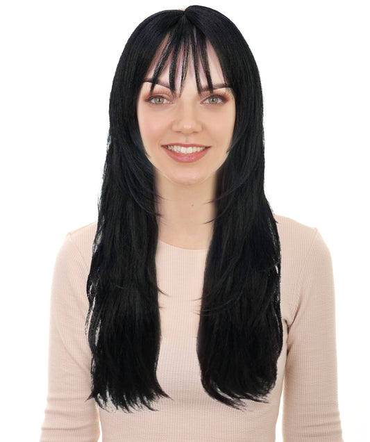 HPO Adult Womens Sleek Black Wig with Layered Cut & Wispy Bangs | Celebrity Inspired Long Hair Look | Ideal for Halloween | Breathable Cap