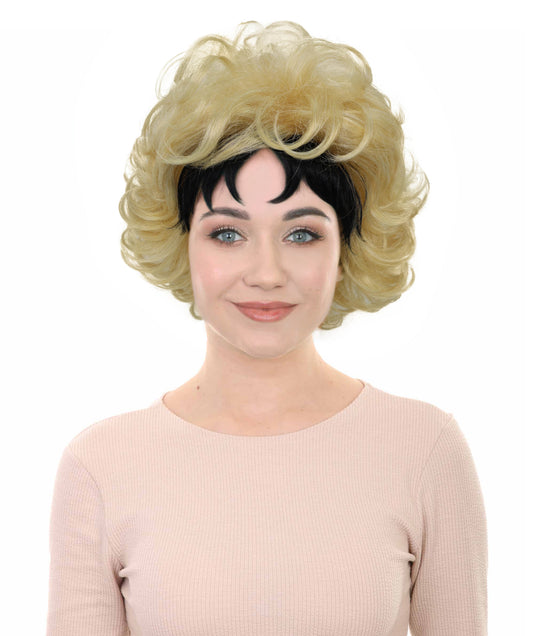 HPO Adult Women’s Golden Blonde Curly Wig with Dark Roots | High-Fashion Editorial Style | Ideal for Halloween | Breathable Capless Cap