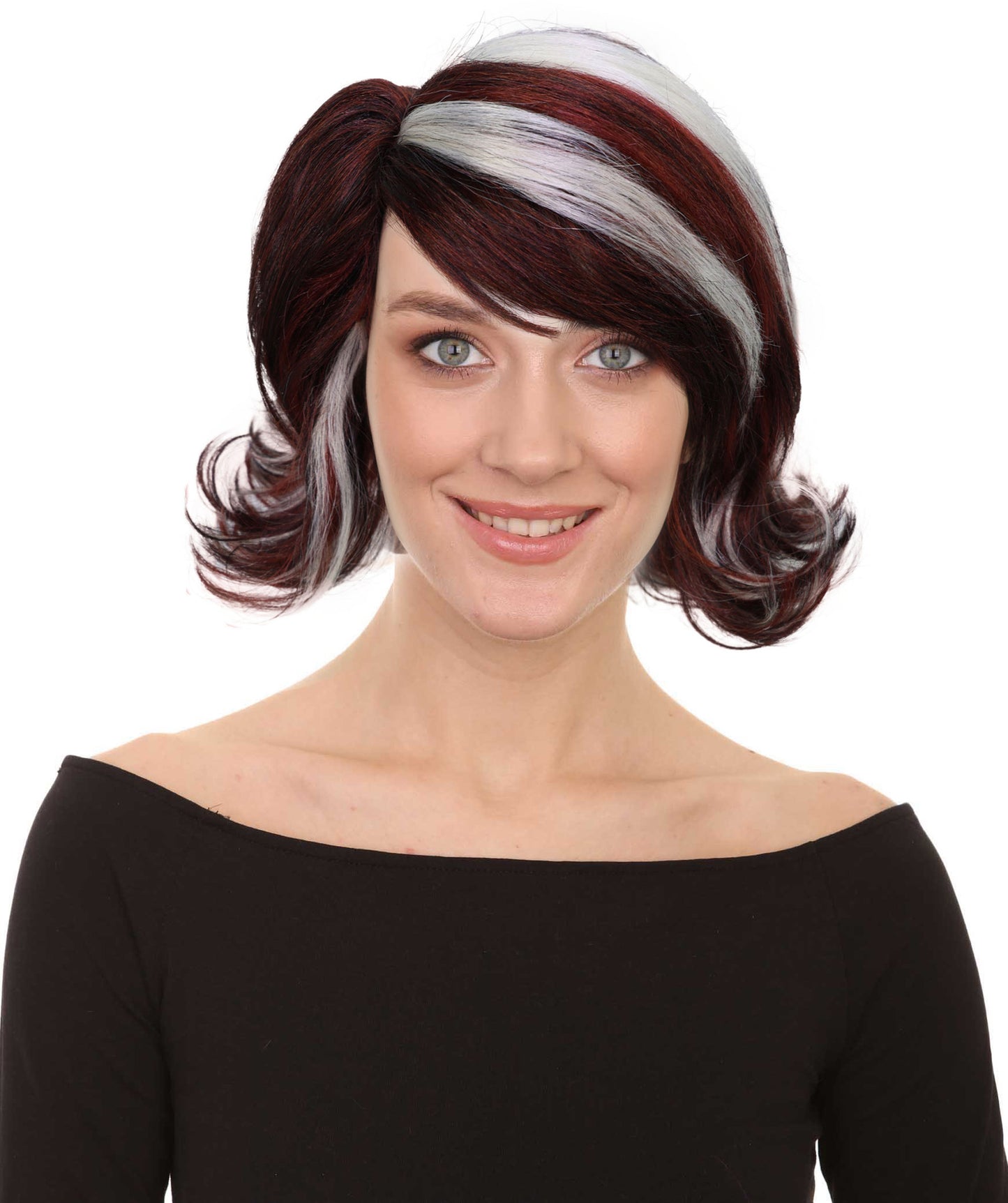 HPO Adult Women’s 90’s Inspired Burgundy & Mocha Short Layered Wig with Chic Highlights | Retro Glam Hairpiece | Ideal for Halloween | Breathable Capless Cap