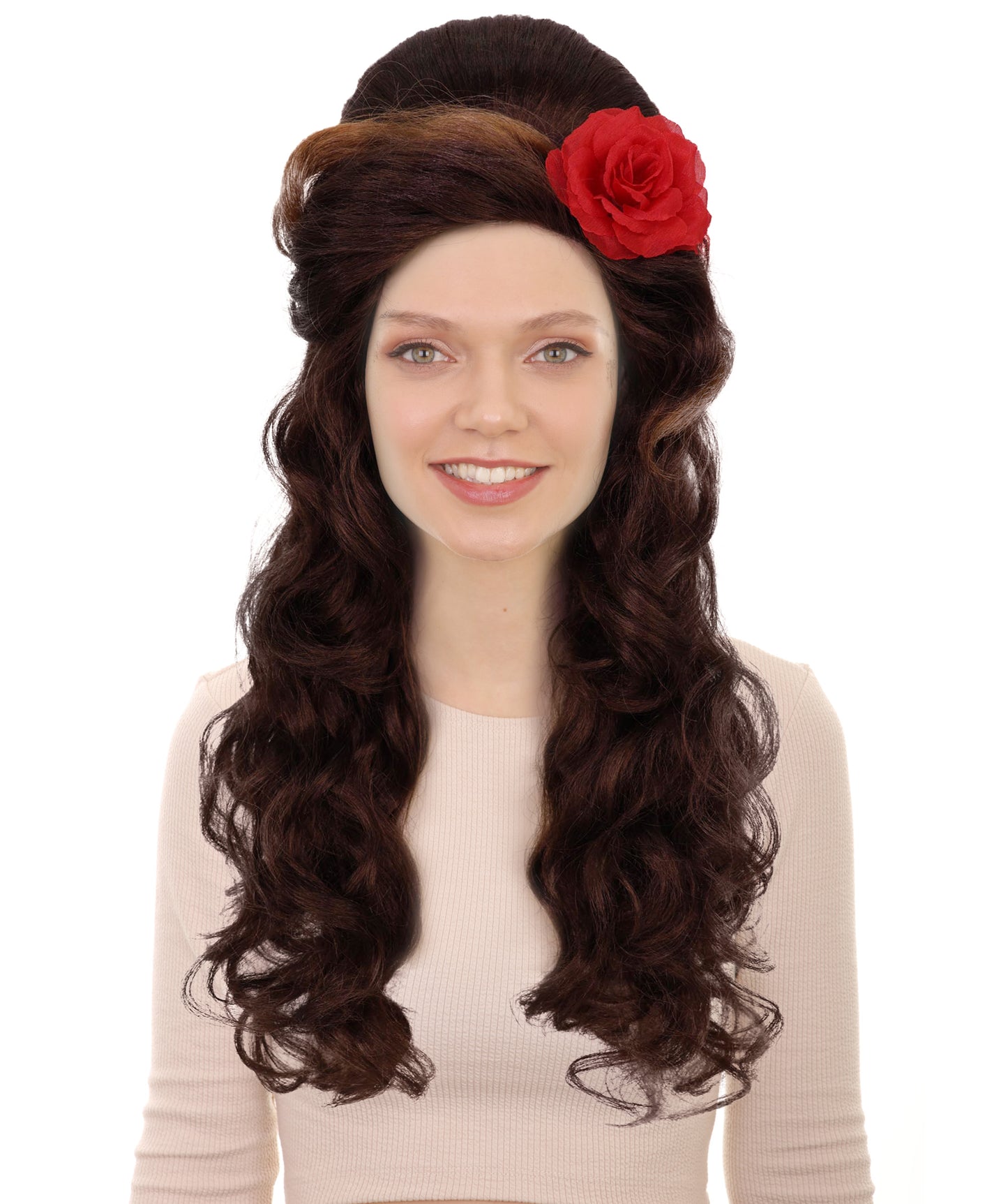 HPO Adult Womens Retro Brown Beehive Wig with Red Flower | 80s Vintage Glam Long Curly Hairpiece for Costume & Parties | Ideal for Halloween | Breathable Capless Cap